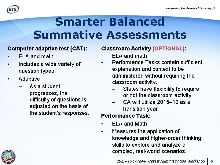Measuring the Power of Learning. ™ Smarter Balanced Summative Assessments Computer adaptive test (CAT):