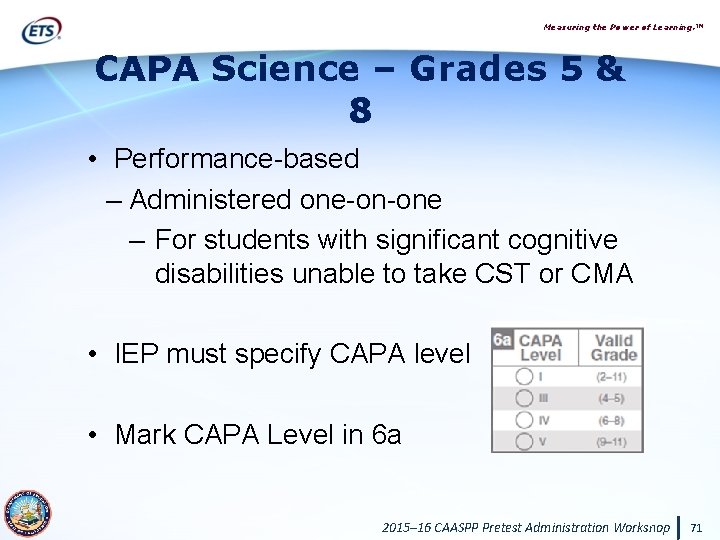 Measuring the Power of Learning. ™ CAPA Science – Grades 5 & 8 •