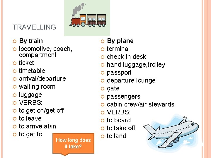 TRAVELLING By train locomotive, coach, compartment ticket timetable arrival/departure waiting room luggage VERBS: to