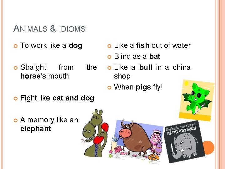 ANIMALS & IDIOMS To work like a dog Straight from horse’s mouth Fight like