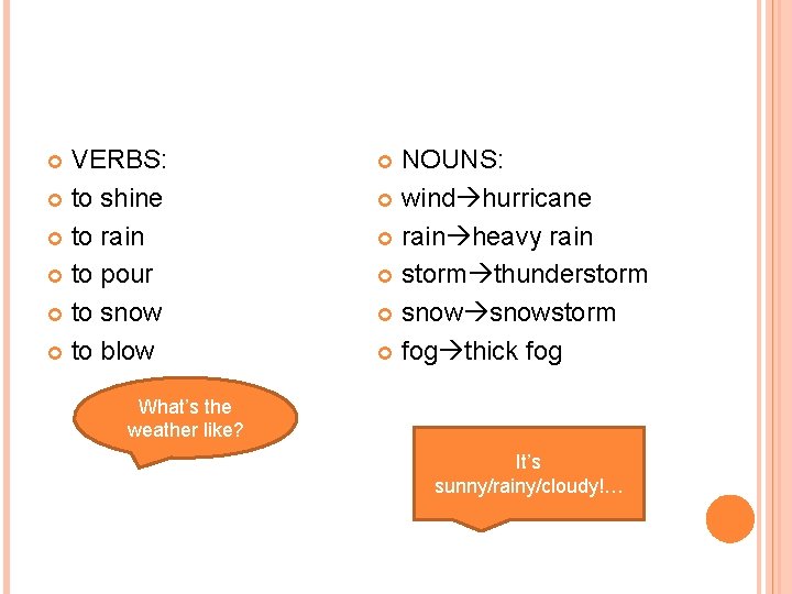 VERBS: to shine to rain to pour to snow to blow NOUNS: wind hurricane