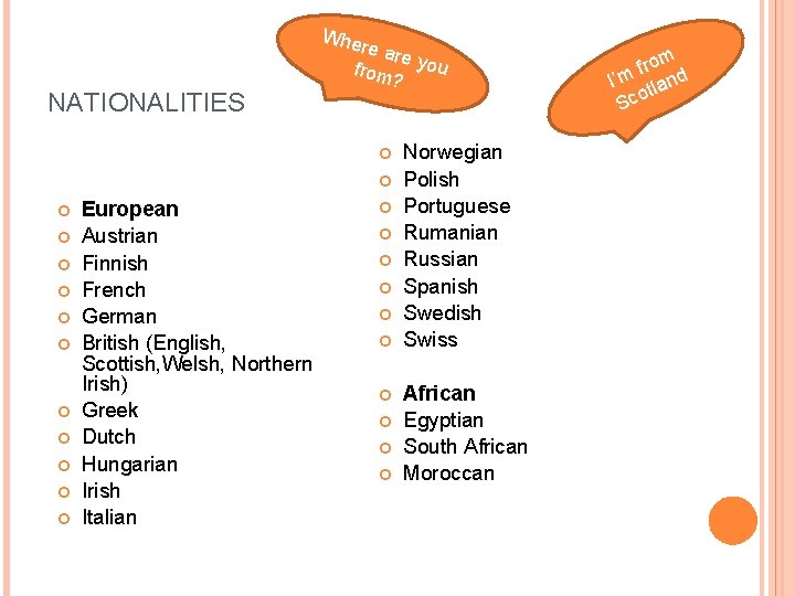 Whe NATIONALITIES re ar e from you ? European Austrian Finnish French German British