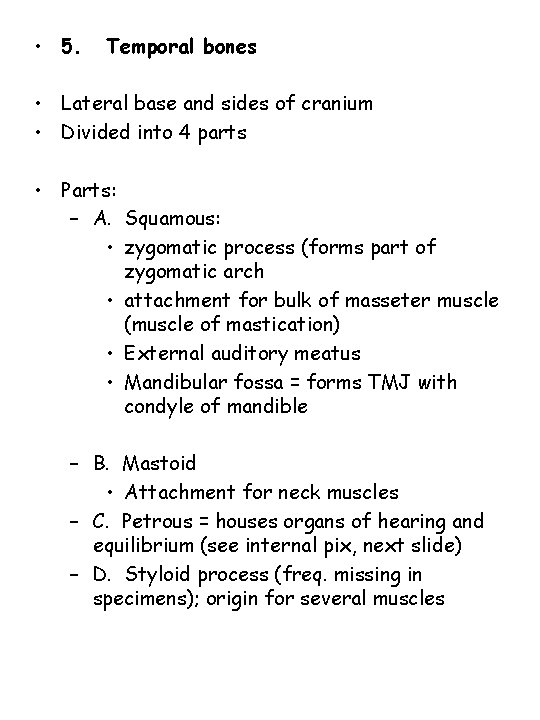  • 5. Temporal bones • Lateral base and sides of cranium • Divided