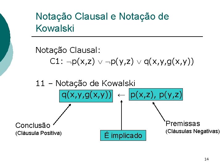 Notação Clausal e Notação de Kowalski Notação Clausal: C 1: p(x, z) p(y, z)