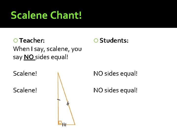 Scalene Chant! Teacher: Students: Scalene! NO sides equal! When I say, scalene, you say