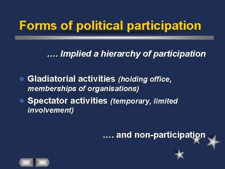 Forms of political participation …. Implied a hierarchy of participation l Gladiatorial activities (holding
