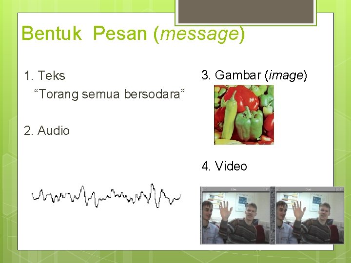 Bentuk Pesan (message) 1. Teks “Torang semua bersodara” 3. Gambar (image) 2. Audio 4.