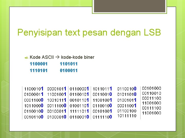 Penyisipan text pesan dengan LSB Kode ASCII kode-kode biner 1100001 1101011 1110101 0100011 