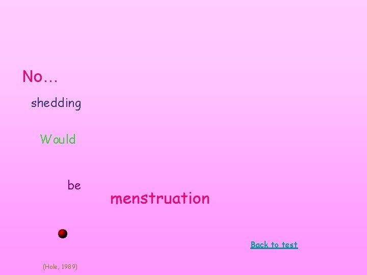 No… shedding Would be menstruation Back to test (Hole, 1989) No… shedding Would be menstruation Back to test (Hole, 1989)