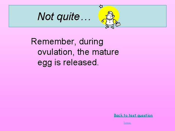 Not quite… Remember, during ovulation, the mature egg is released. Back to test question Not quite… Remember, during ovulation, the mature egg is released. Back to test question