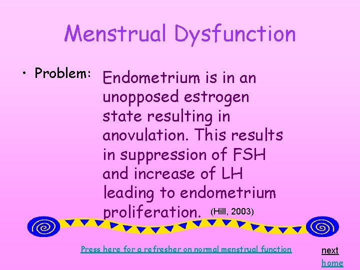Menstrual Dysfunction • Problem: Endometrium is in an unopposed estrogen state resulting in anovulation. Menstrual Dysfunction • Problem: Endometrium is in an unopposed estrogen state resulting in anovulation.