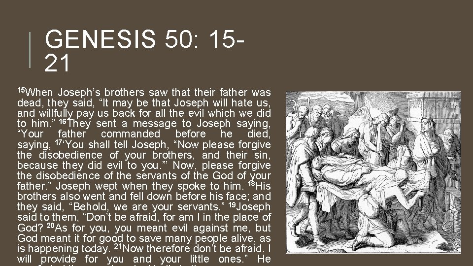 GENESIS 50: 1521 15 When Joseph’s brothers saw that their father was dead, they