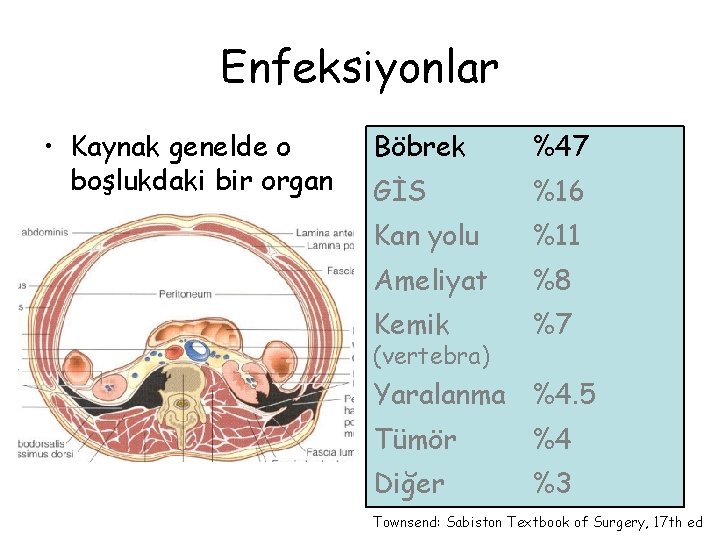 Enfeksiyonlar • Kaynak genelde o boşlukdaki bir organ Böbrek %47 GİS %16 Kan yolu