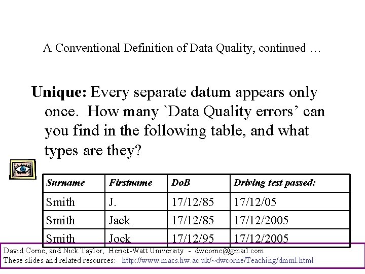 A Conventional Definition of Data Quality, continued … Unique: Every separate datum appears only