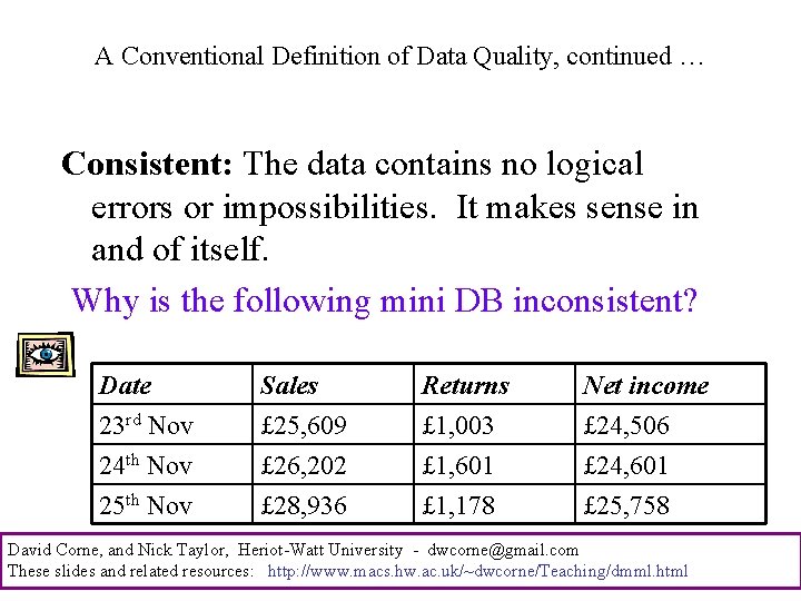 A Conventional Definition of Data Quality, continued … Consistent: The data contains no logical