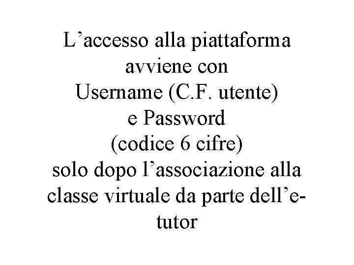 L’accesso alla piattaforma avviene con Username (C. F. utente) e Password (codice 6 cifre)