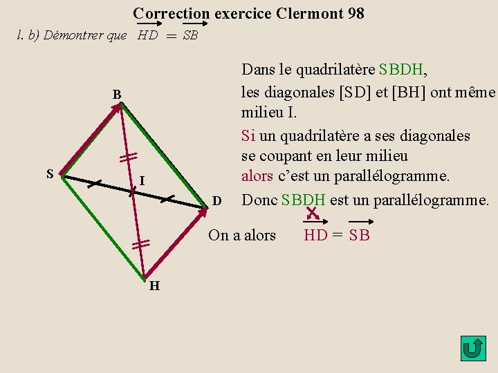 Correction exercice Clermont 98 l. b) Démontrer que HD = SB B S I