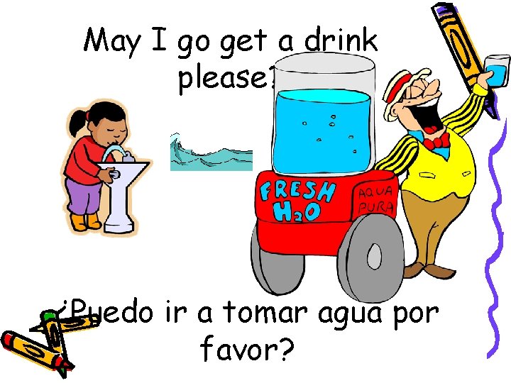 May I go get a drink please? ¿Puedo ir a tomar agua por favor?