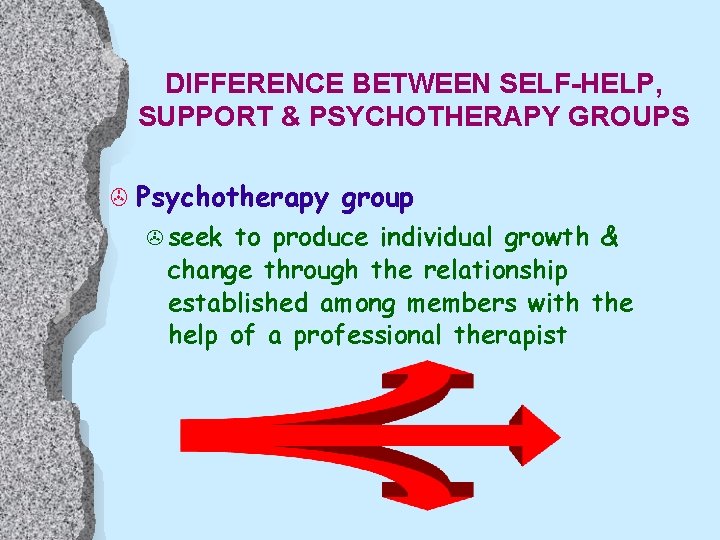 DIFFERENCE BETWEEN SELF-HELP, SUPPORT & PSYCHOTHERAPY GROUPS > Psychotherapy > seek group to produce
