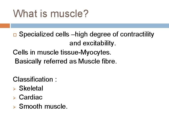 What is muscle? Specialized cells –high degree of contractility and excitability. Cells in muscle