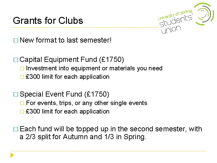 Grants for Clubs � New format to last semester! � Capital Equipment Fund (£ Grants for Clubs � New format to last semester! � Capital Equipment Fund (£