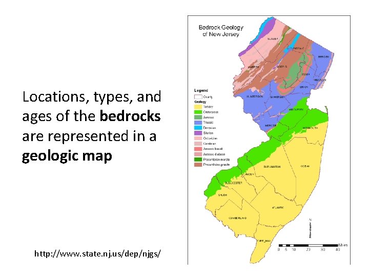 Locations, types, and ages of the bedrocks are represented in a geologic map http: