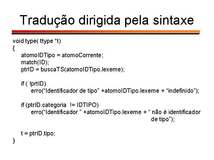 Tradução dirigida pela sintaxe void type( ttype *t) { atomo. IDTipo = atomo. Corrente;