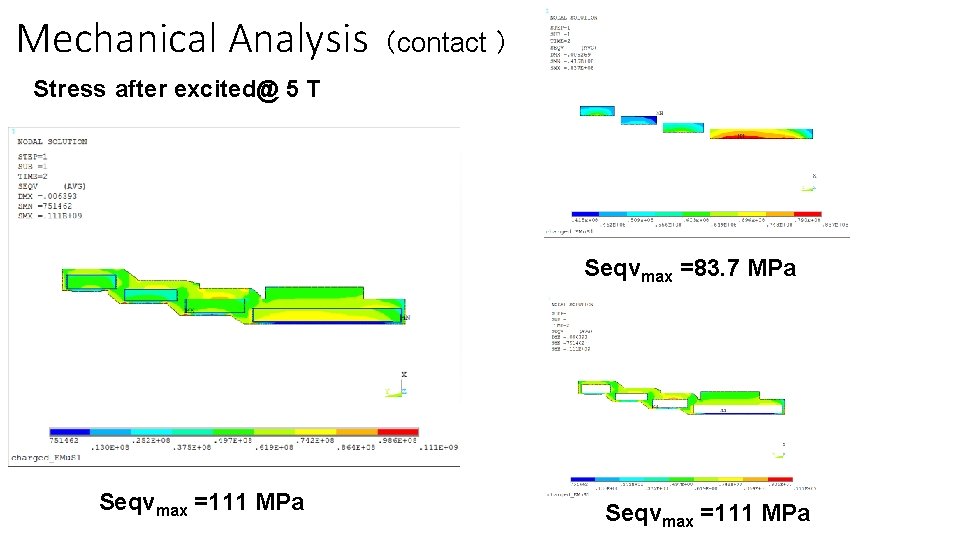 Mechanical Analysis（contact ） Stress after excited@ 5 T Seqvmax =83. 7 MPa Seqvmax =111