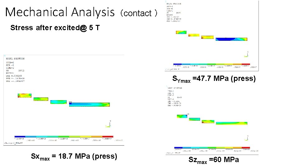 Mechanical Analysis（contact ） Stress after excited@ 5 T SYmax =47. 7 MPa (press) Sxmax