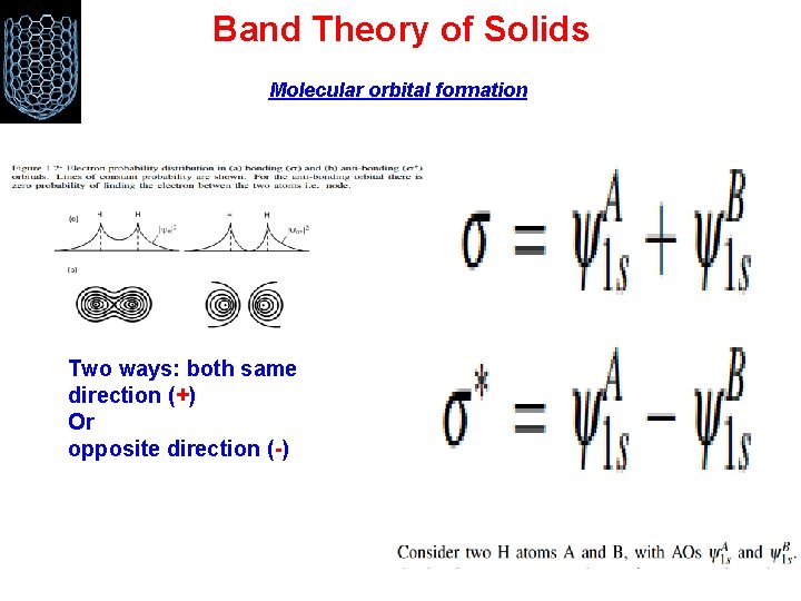 Band Theory of Solids Molecular orbital formation Two ways: both same direction (+) Or