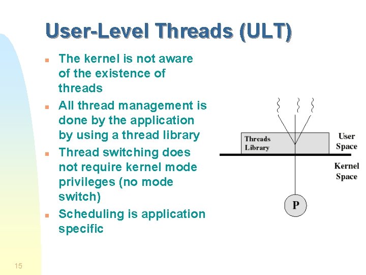 User-Level Threads (ULT) n n 15 The kernel is not aware of the existence User-Level Threads (ULT) n n 15 The kernel is not aware of the existence