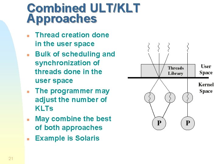 Combined ULT/KLT Approaches n n n 21 Thread creation done in the user space Combined ULT/KLT Approaches n n n 21 Thread creation done in the user space