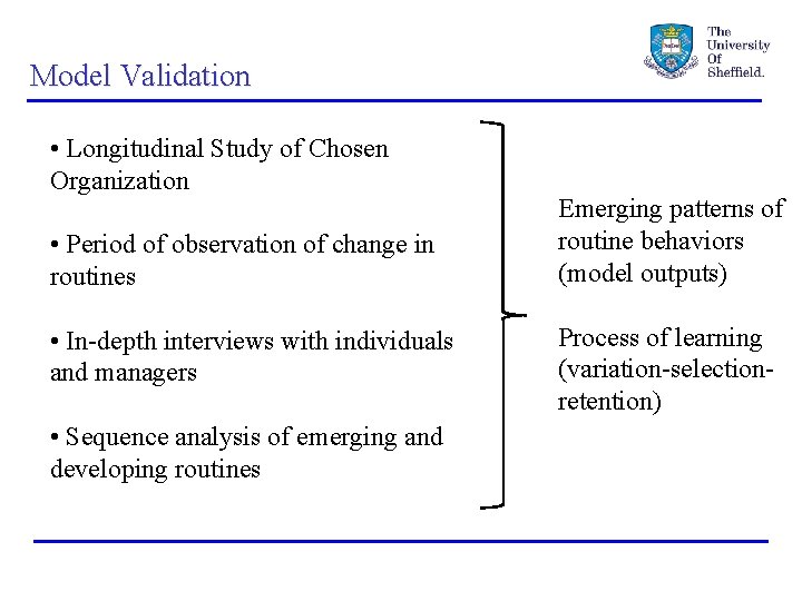 Model Validation • Longitudinal Study of Chosen Organization • Period of observation of change