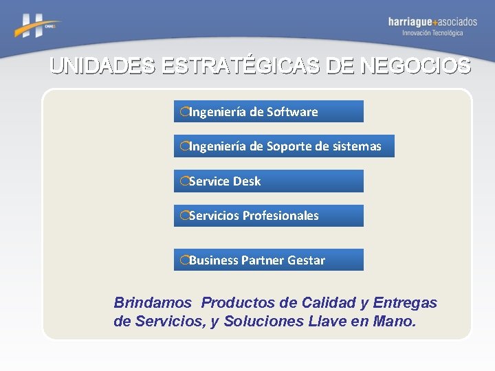 UNIDADES ESTRATÉGICAS DE NEGOCIOS ¦Ingeniería de Software ¦Ingeniería de Soporte de sistemas ¦Service Desk