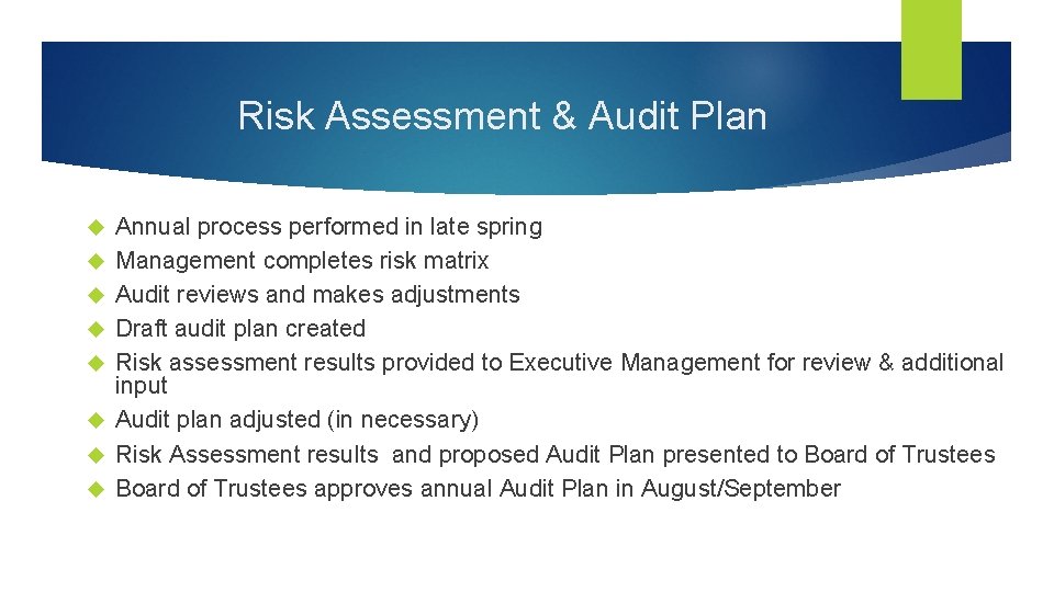 Risk Assessment & Audit Plan Annual process performed in late spring Management completes risk