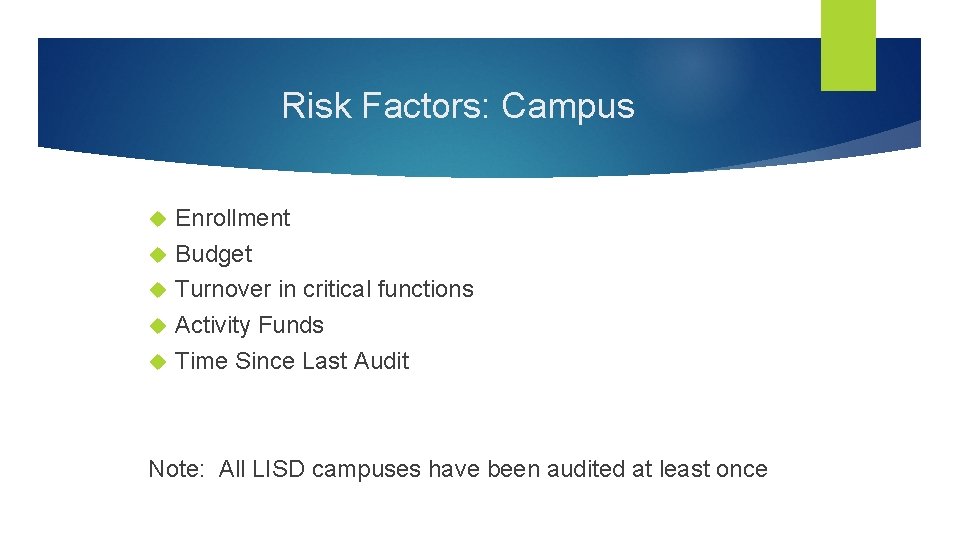 Risk Factors: Campus Enrollment Budget Turnover in critical functions Activity Funds Time Since Last