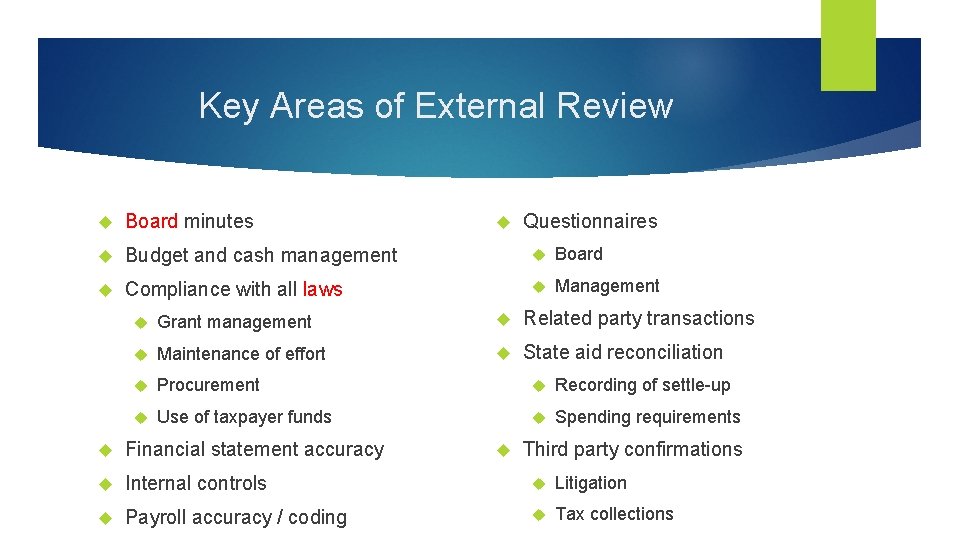 Key Areas of External Review Board minutes Budget and cash management Board Compliance with