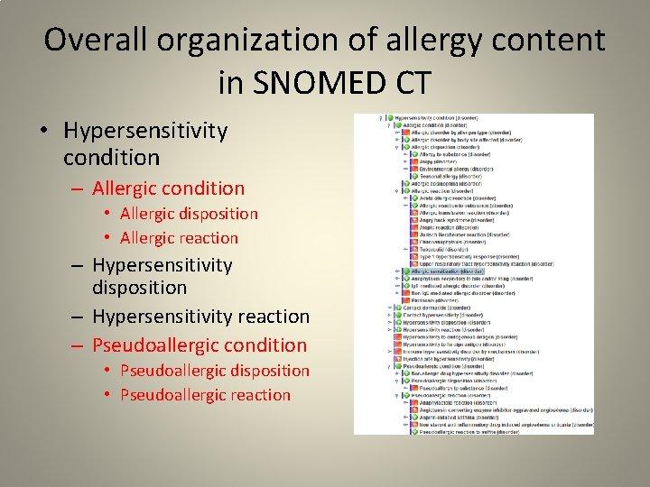Overall organization of allergy content in SNOMED CT • Hypersensitivity condition – Allergic condition