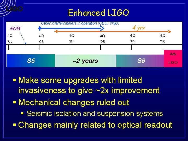 Enhanced LIGO § Make some upgrades with limited invasiveness to give ~2 x improvement