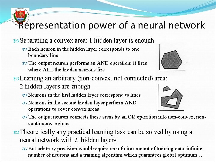 Representation power of a neural network Separating a convex area: 1 hidden layer is