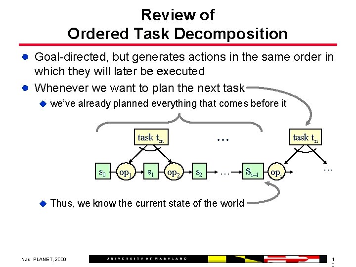 Review of Ordered Task Decomposition l Goal-directed, but generates actions in the same order