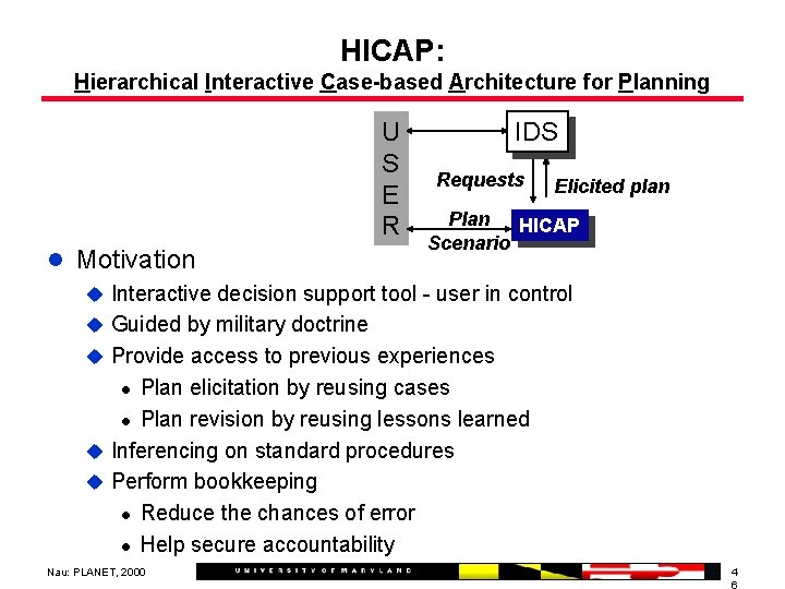 HICAP: Hierarchical Interactive Case-based Architecture for Planning U S E R IDS Requests Elicited