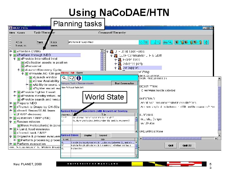 Using Na. Co. DAE/HTN Planning tasks World State Nau: PLANET, 2000 5 