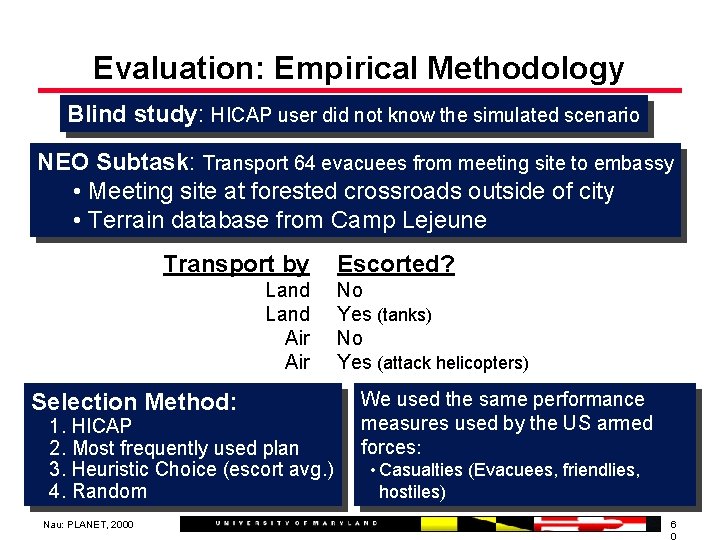 Evaluation: Empirical Methodology Blind study: HICAP user did not know the simulated scenario NEO