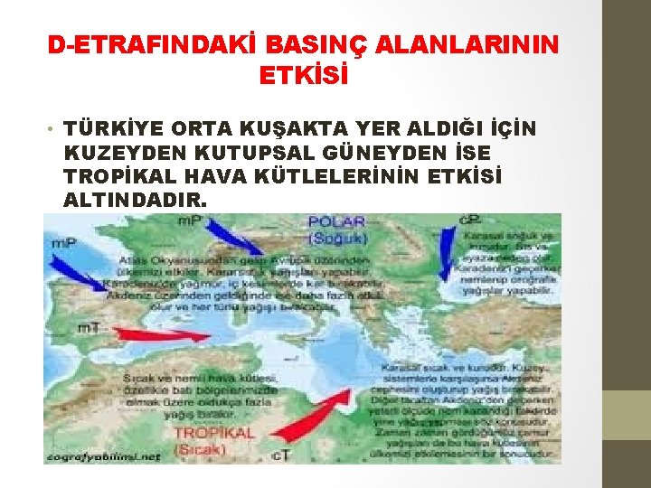 D-ETRAFINDAKİ BASINÇ ALANLARININ ETKİSİ • TÜRKİYE ORTA KUŞAKTA YER ALDIĞI İÇİN KUZEYDEN KUTUPSAL GÜNEYDEN