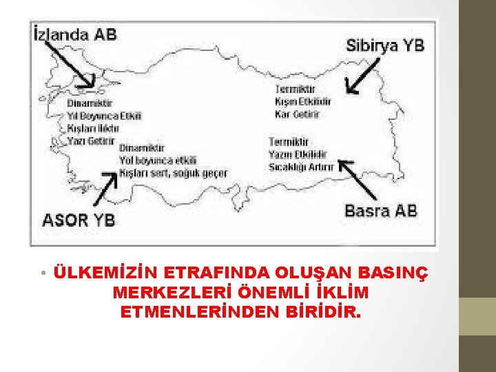  • ÜLKEMİZİN ETRAFINDA OLUŞAN BASINÇ MERKEZLERİ ÖNEMLİ İKLİM ETMENLERİNDEN BİRİDİR. 