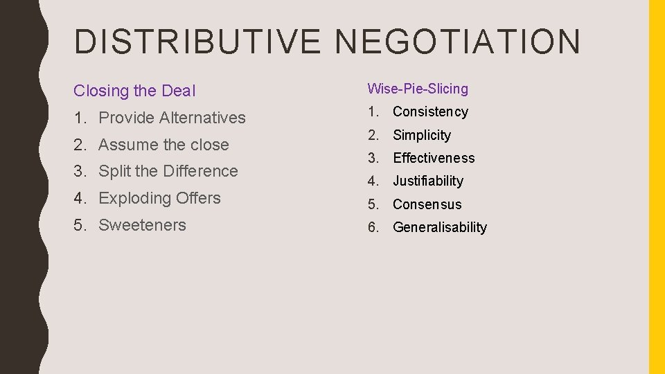 DISTRIBUTIVE NEGOTIATION Closing the Deal Wise-Pie-Slicing 1. Provide Alternatives 1. Consistency 2. Assume the