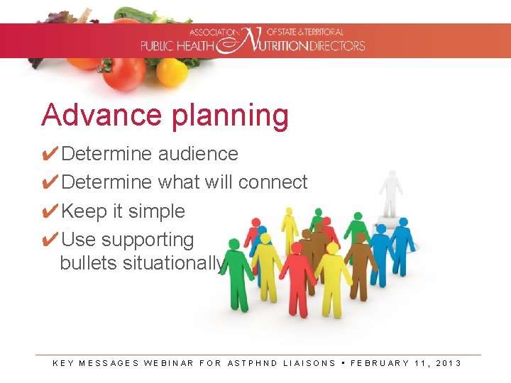 Advance planning ✔Determine audience ✔Determine what will connect ✔Keep it simple ✔Use supporting bullets