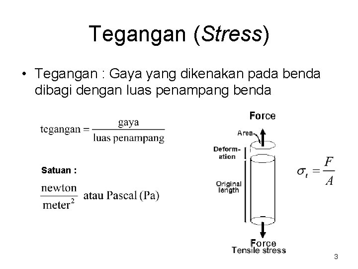 Tegangan (Stress) • Tegangan : Gaya yang dikenakan pada benda dibagi dengan luas penampang Tegangan (Stress) • Tegangan : Gaya yang dikenakan pada benda dibagi dengan luas penampang