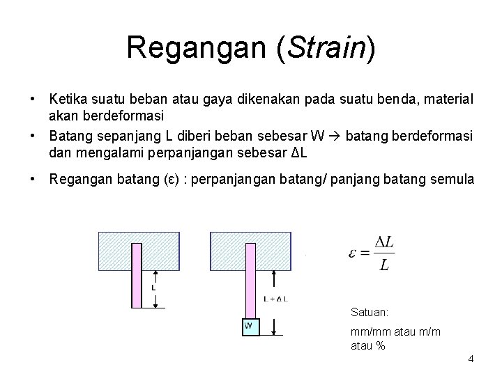 Regangan (Strain) • Ketika suatu beban atau gaya dikenakan pada suatu benda, material akan Regangan (Strain) • Ketika suatu beban atau gaya dikenakan pada suatu benda, material akan
